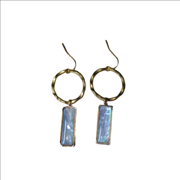 Gold Opalescent Dangle Earrings Iridescent Rectangle Gold Stainless Steel Hooks - Picture 3 of 4